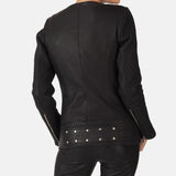 Stylish women's black leather jacket with studded detailing.