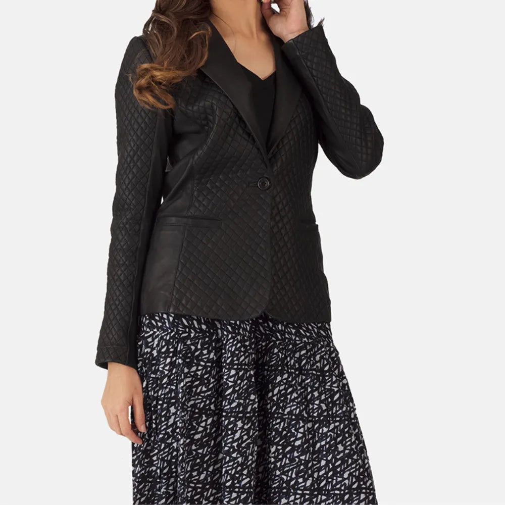 Stylish women's leather blazer in classic black color, perfect for any occasion.