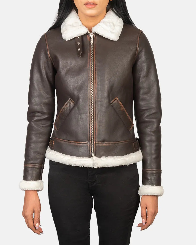 A stylish women's leather bomber jacket crafted from brown leather