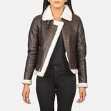 A stylish women's leather bomber jacket crafted from brown leather