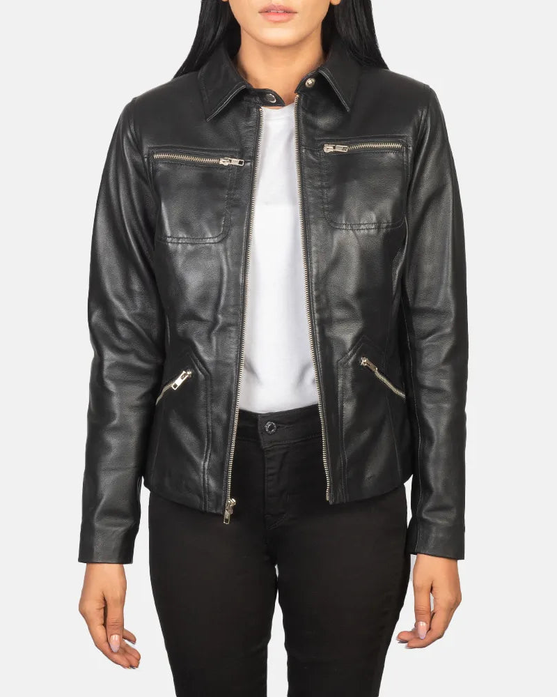 Women's leather jacket in black crafted from real leather.