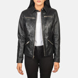 Women's leather jacket in black crafted from real leather.