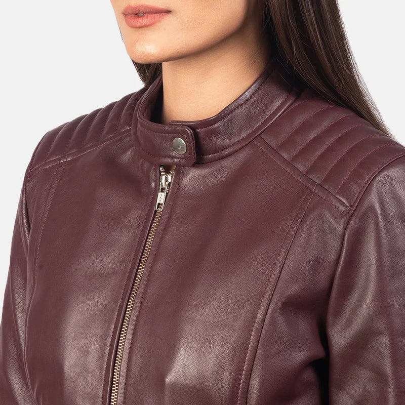 Accept the elegance of this women's maroon leather jacket, a must-have addition to any wardrobe.