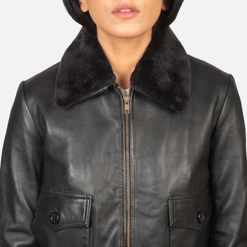 Trendy women's soft leather jacket with a chic fur collar in black