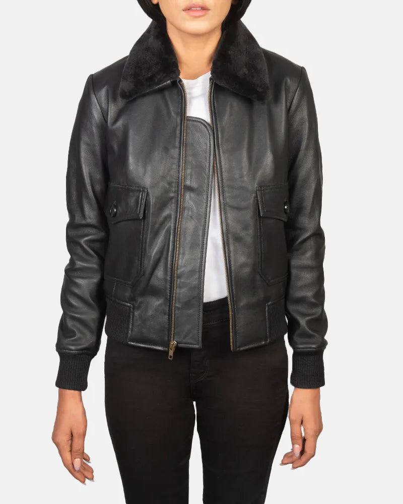 Trendy women's soft leather jacket with a chic fur collar in black