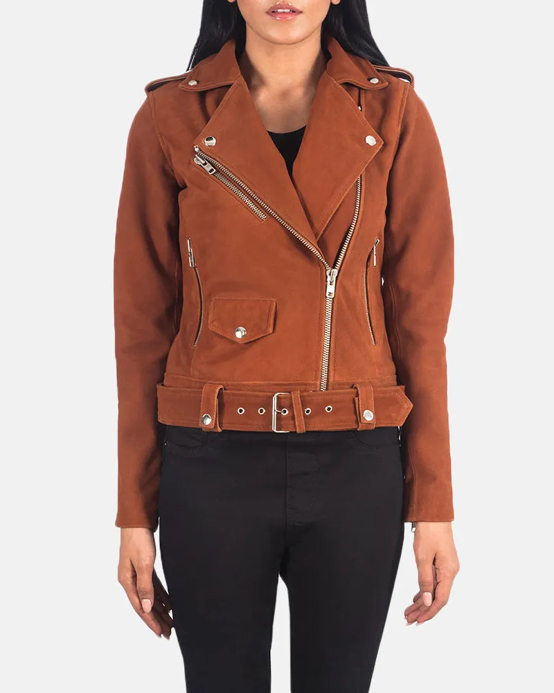 Women's suede moto jacket in brown with zipper details on the sleeves.