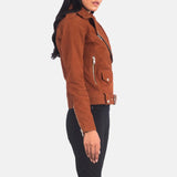Women's suede moto jacket in brown with zipper details on the sleeves.