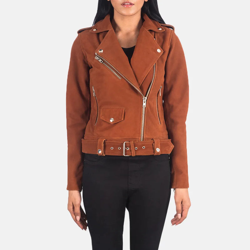 Women's suede moto jacket in brown with zipper details on the sleeves.