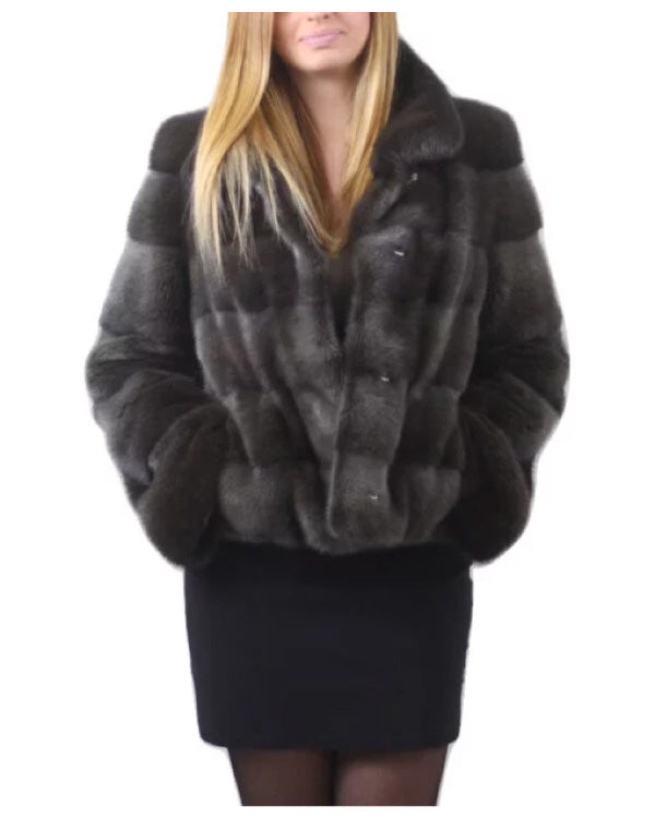 Womens Notched Collar Gray Mink Fur Winter Jacket