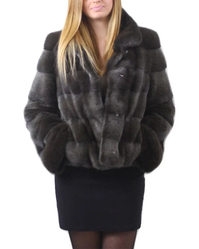 Womens Notched Collar Gray Mink Fur Winter Jacket