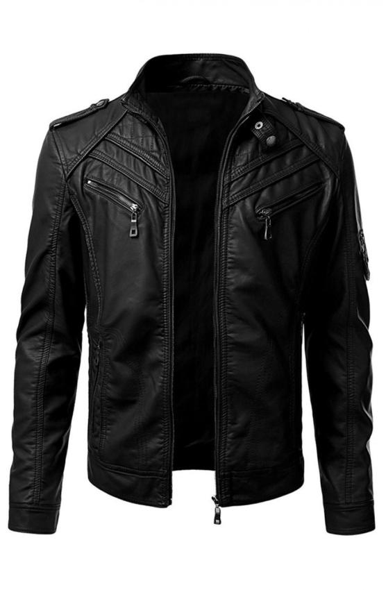 Mens Slim Fit Black Leather Biker Jacket