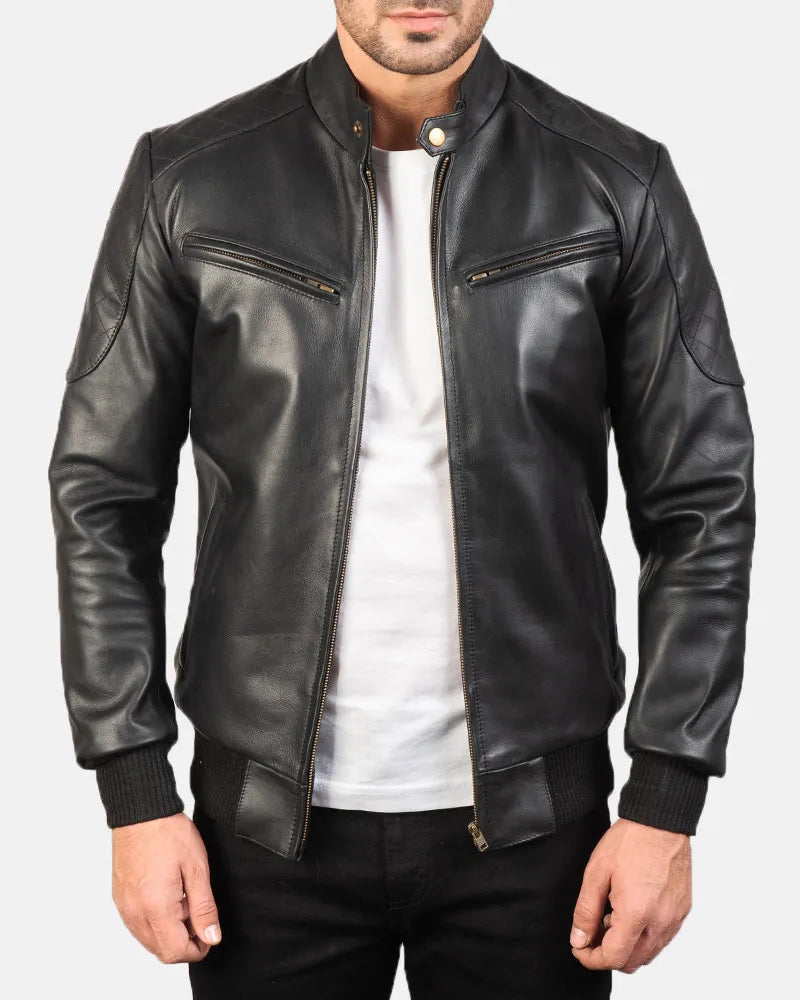 Stylish black leather bomber jacket crafted from genuine leather, ideal for a trendy and fashionable outfit.