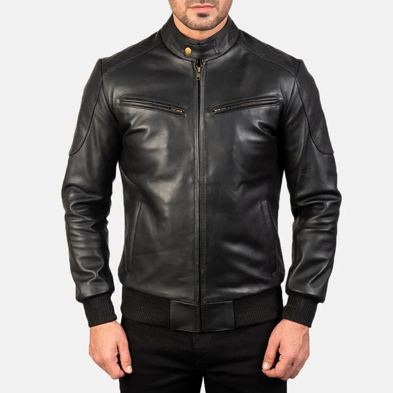 Stylish black leather bomber jacket crafted from genuine leather, ideal for a trendy and fashionable outfit.