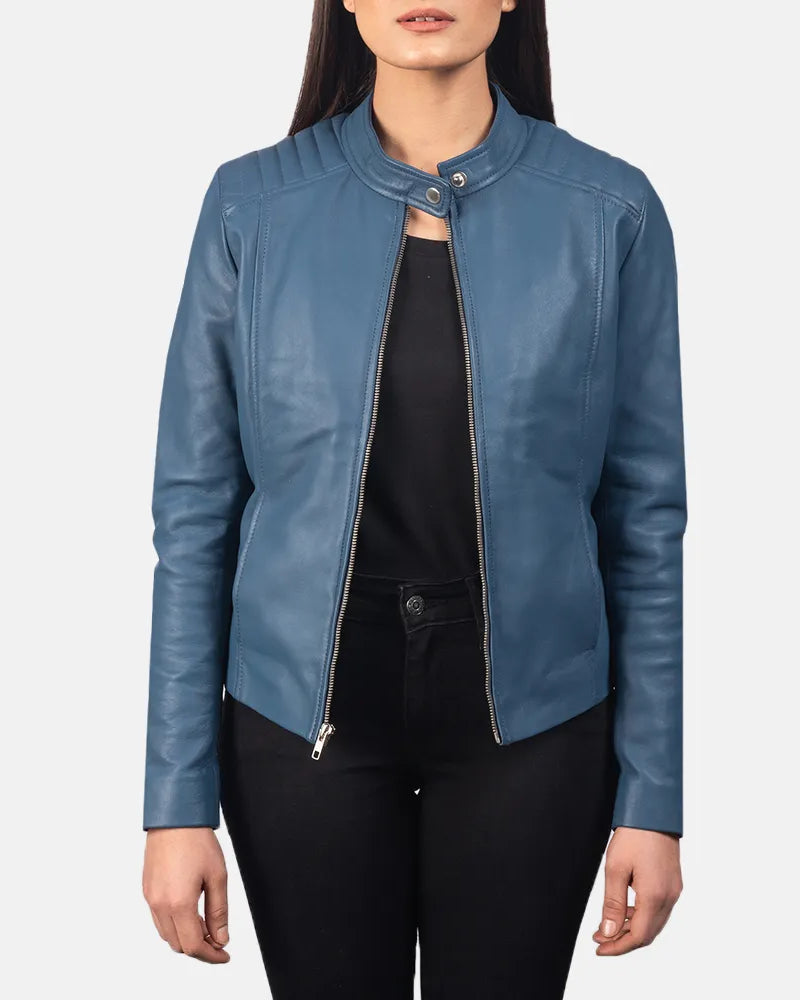 A blue leather biker jacket for women with a front zipper.