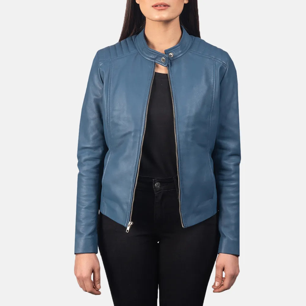 A blue leather biker jacket for women with a front zipper.