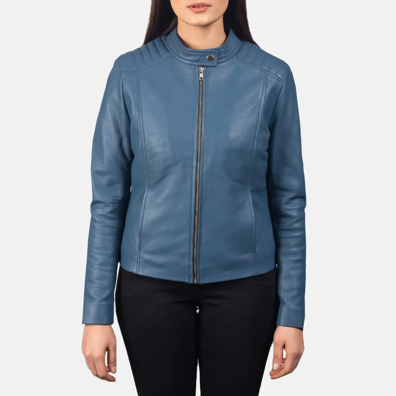 A blue leather biker jacket for women with a front zipper.