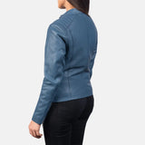 A blue leather biker jacket for women with a front zipper.