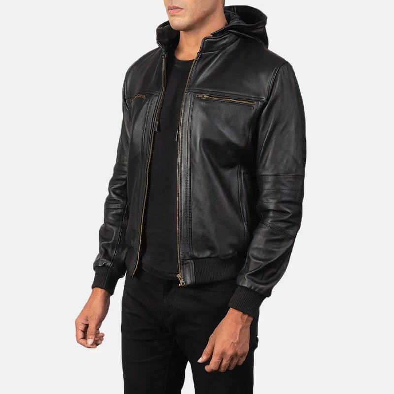A truly opulent leather bomber jacket black, crafted from genuine leather. This luxurious bomber jacket is a timeless masterpiece.