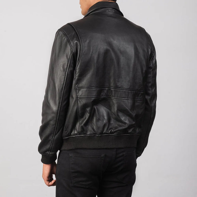 Luxurious black bomber jacket leather, perfect for stylish men. Bomber Jacket Leather.