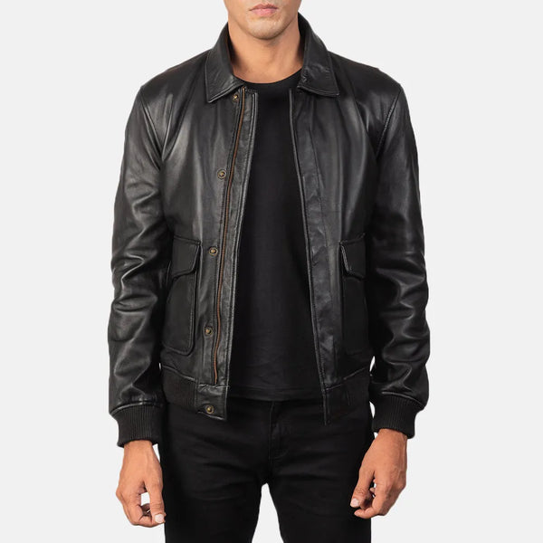 Luxurious black bomber jacket leather, perfect for stylish men. Bomber Jacket Leather.