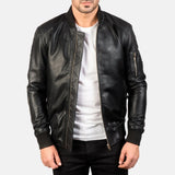 Black leather boys bomber jacket, perfect for men. Also suitable for boys. Stylish and versatile outerwear option.