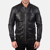 Black leather boys bomber jacket, perfect for men. Also suitable for boys. Stylish and versatile outerwear option.