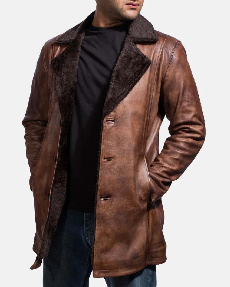 A stylish Men's Cinnamon Brown Leather Coat with Fur, it's a must-have for any fashion-forward individual.