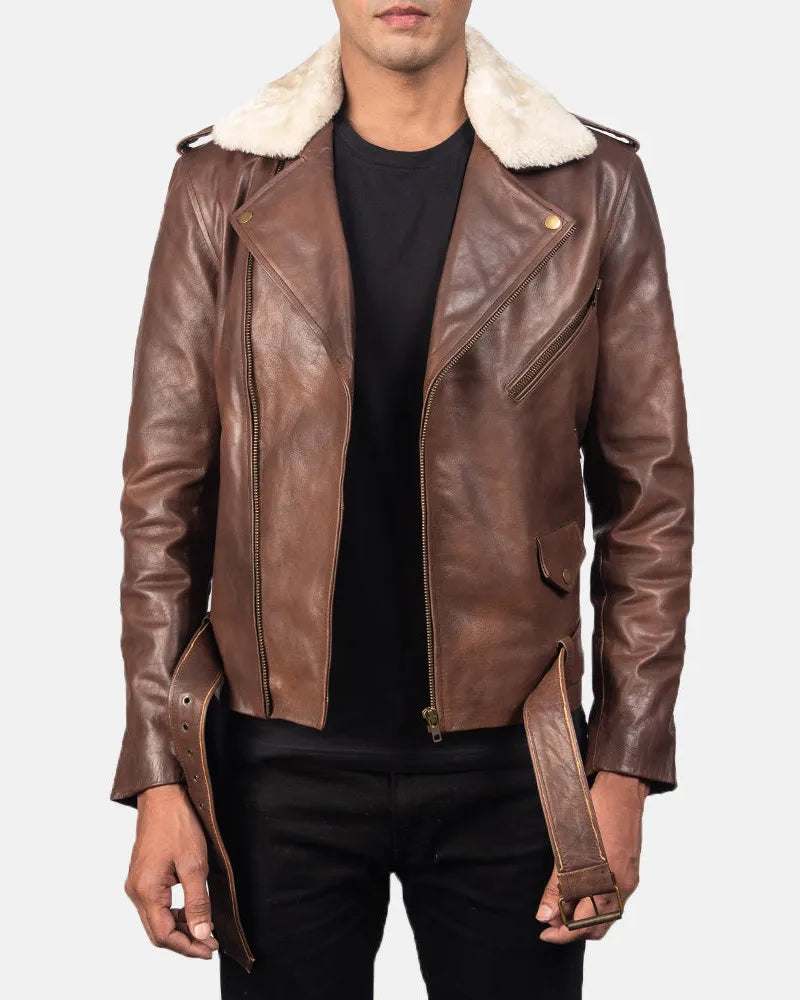 A stylish brown leather motorcycle jacket with a cozy shearling collar, perfect for adding a touch of rugged sophistication to any outfit.