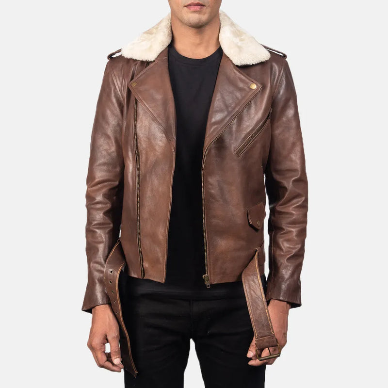 A stylish brown leather motorcycle jacket with a cozy shearling collar, perfect for adding a touch of rugged sophistication to any outfit.