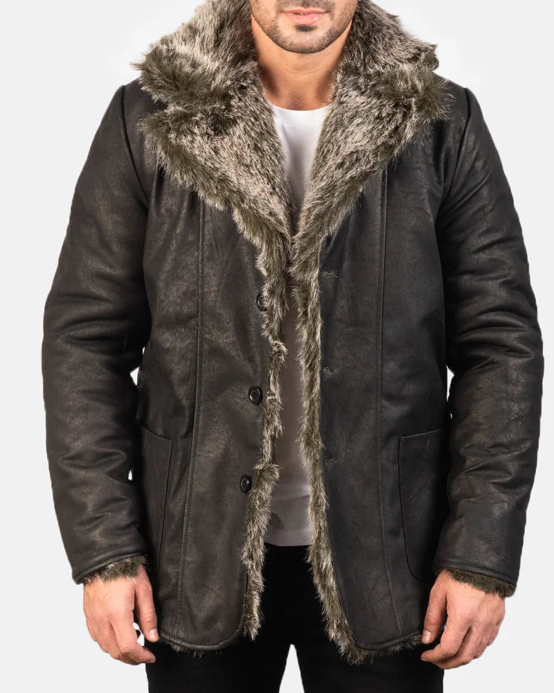 Elevate your style with this Men's Black Furlong Coat featuring a luxurious fur collar. Stay fashionable.