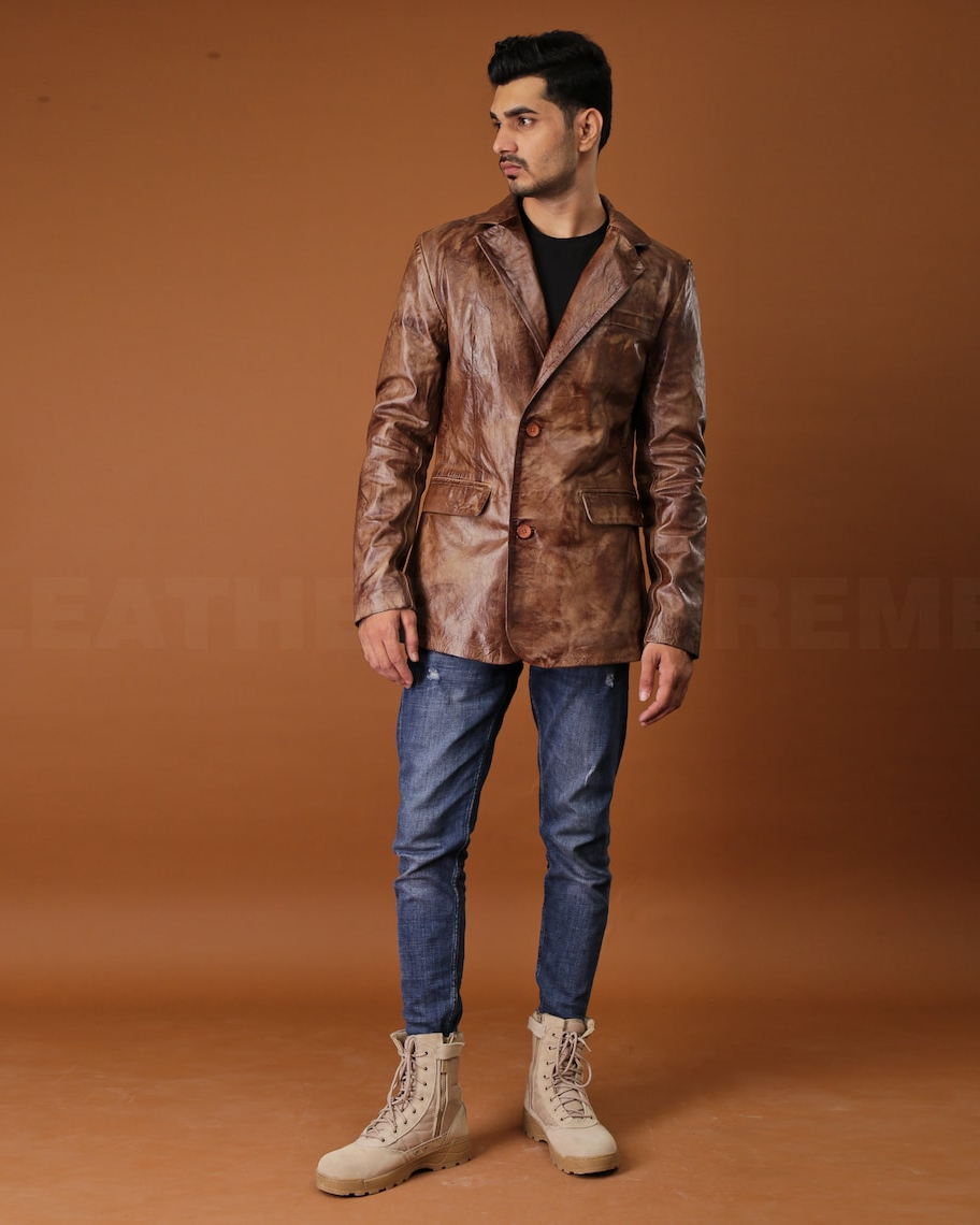 Men Wax Brown Leather Blazer Halloween