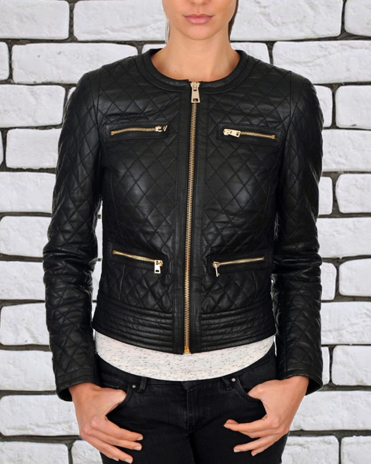 Women Black Genuine Lambskin Leather Quilted Jacket