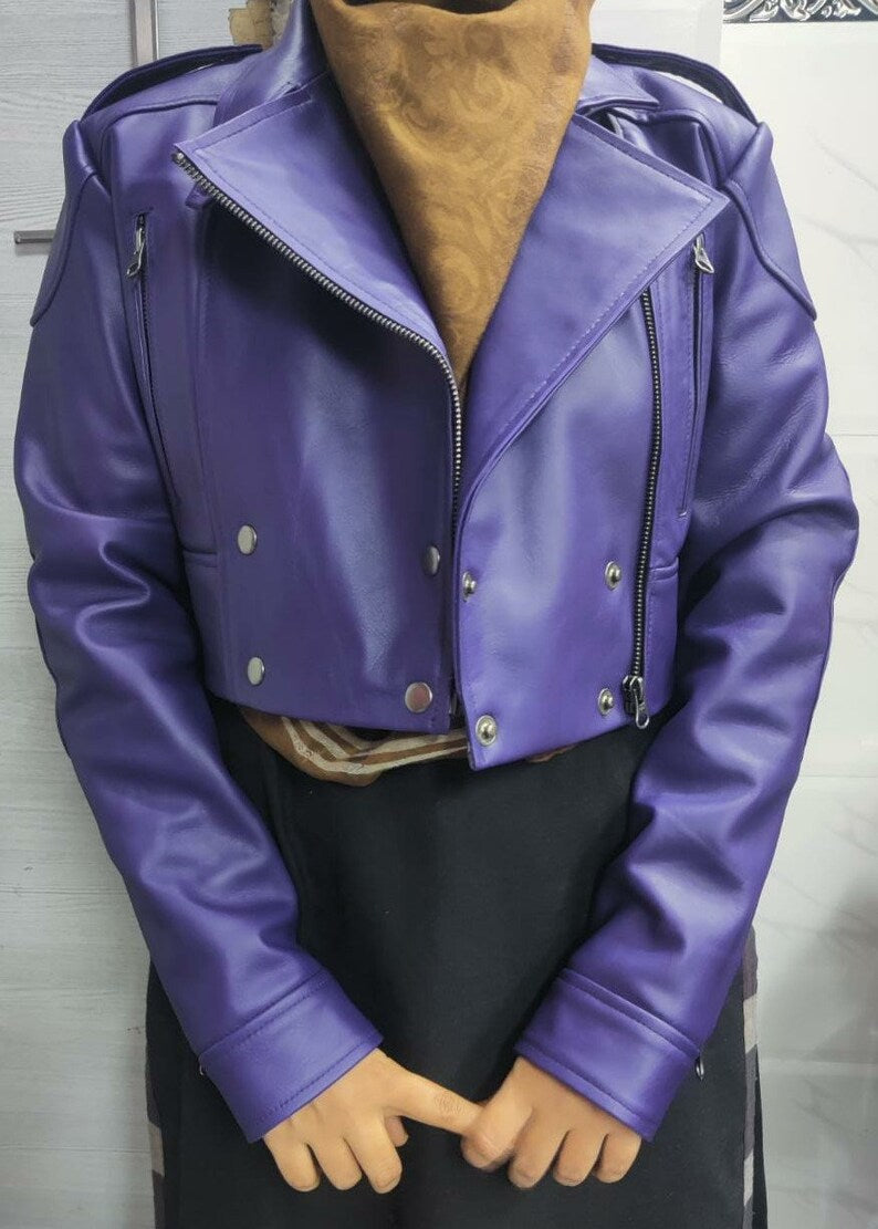 Womens Leather Jacket PURPLE  CROPPED Motorcycle Bolero Shrug Leather Jacket