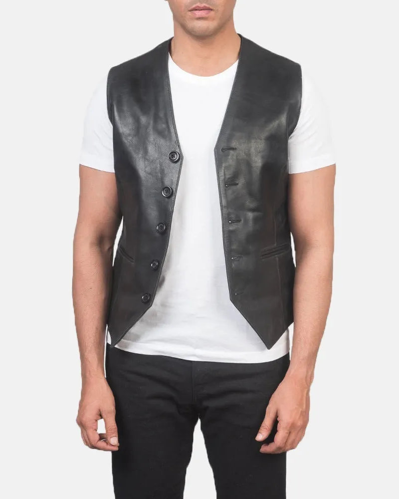 A black jacket leather vest, a stylish jacket made of leather material.