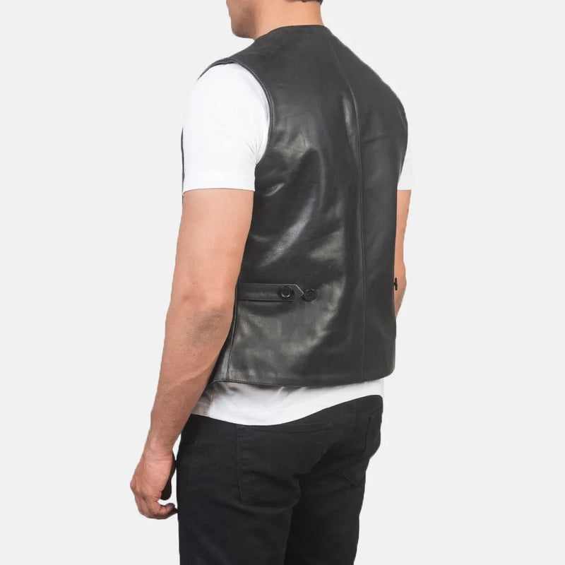 A black jacket leather vest, a stylish jacket made of leather material.