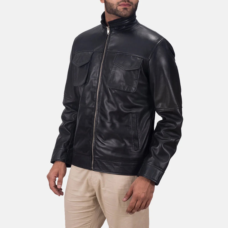 Unleash your inner fashion icon with this incredible black leather jacket with shirt collar designed exclusively for men.