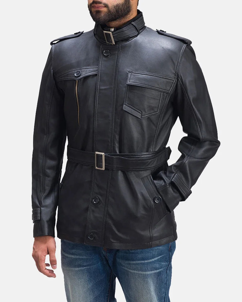 Sleek black leather belt coat for men, ideal for a cool and modern look.