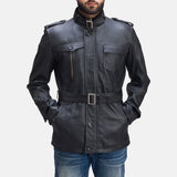 Sleek black leather belt coat for men, ideal for a cool and modern look.