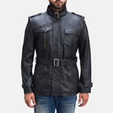 Sleek black leather belt coat for men, ideal for a cool and modern look.
