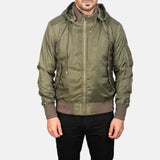 A stylish and sleek bomber leather green jacket with inside and outside pockets