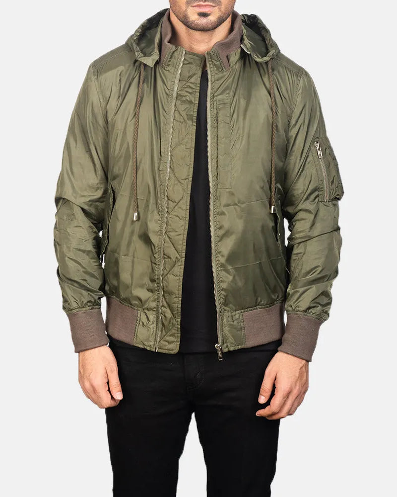 A stylish and sleek bomber leather green jacket with inside and outside pockets