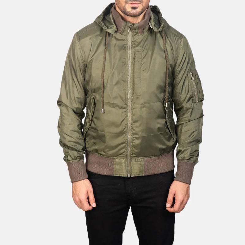 A stylish and sleek bomber leather green jacket with inside and outside pockets