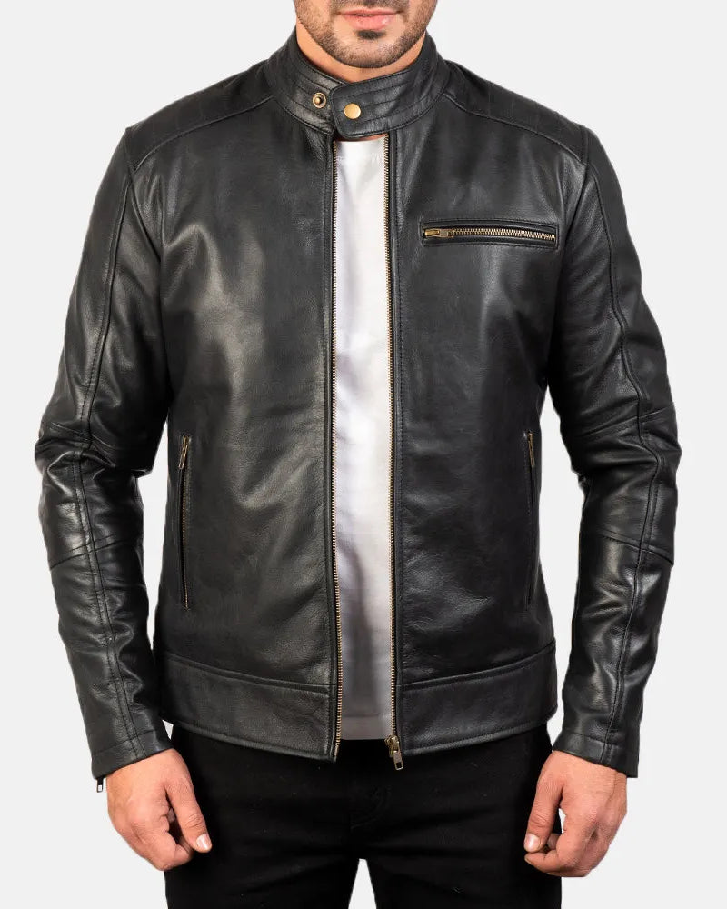 Embrace the edgy allure of this leather jacket motorcycle, featuring a sleek black design that exudes both style and authenticity.