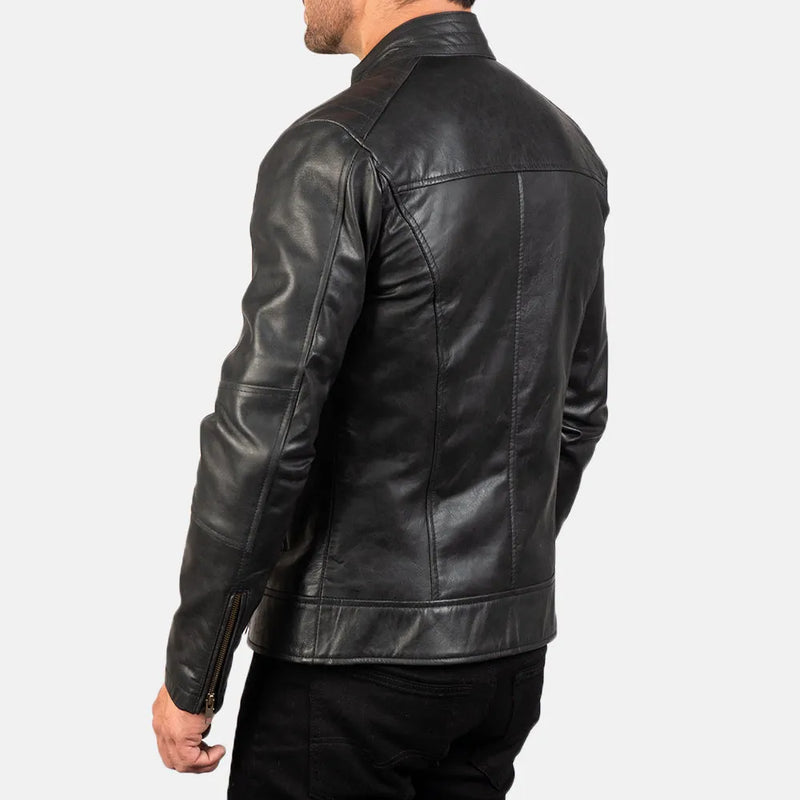 Embrace the edgy allure of this leather jacket motorcycle, featuring a sleek black design that exudes both style and authenticity.