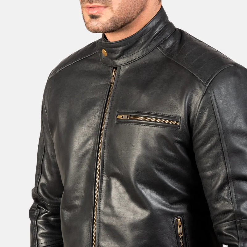 Embrace the edgy allure of this leather jacket motorcycle, featuring a sleek black design that exudes both style and authenticity.