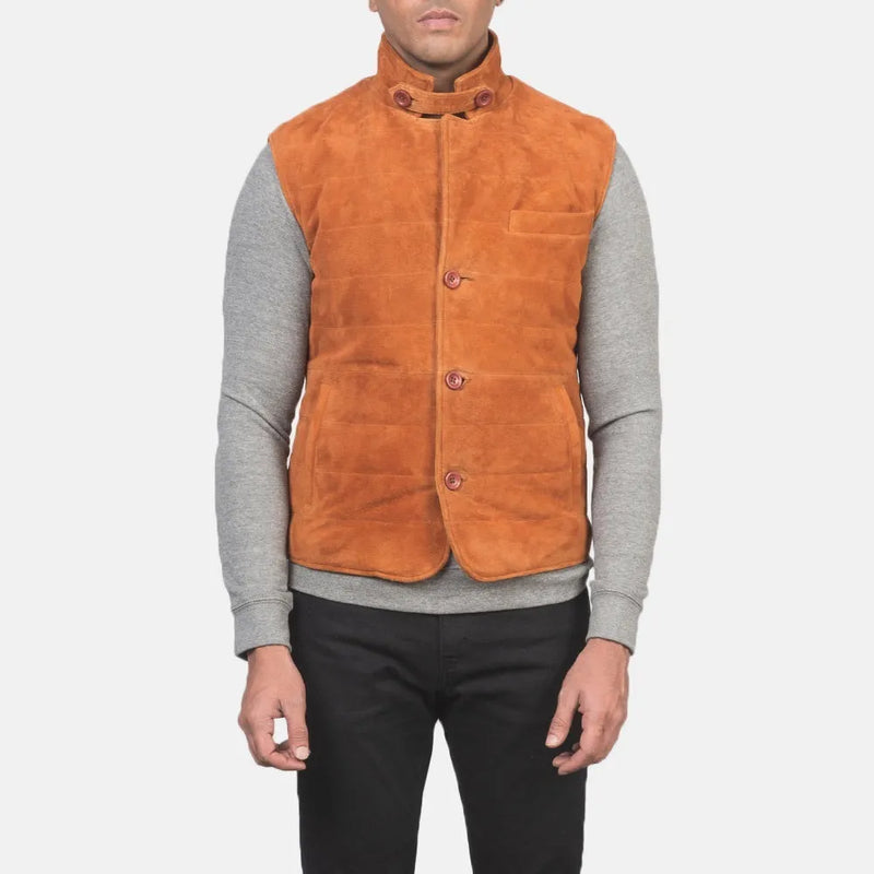 A sleek brown suede vest, stylish leather vest for men.