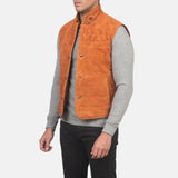 A sleek brown suede vest, stylish leather vest for men.