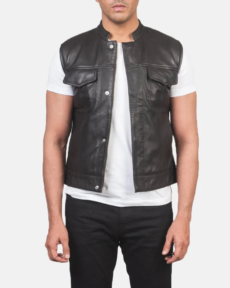 A stylish men's black leather vest jacket, perfect for adding a touch of sophistication to any outfit.