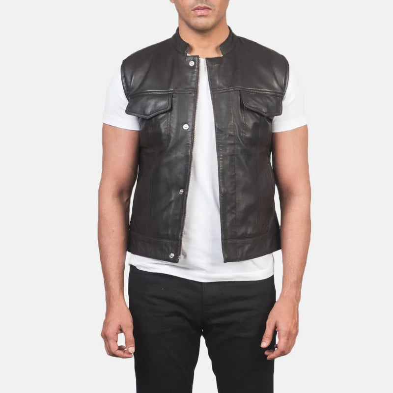 A stylish men's black leather vest jacket, perfect for adding a touch of sophistication to any outfit.