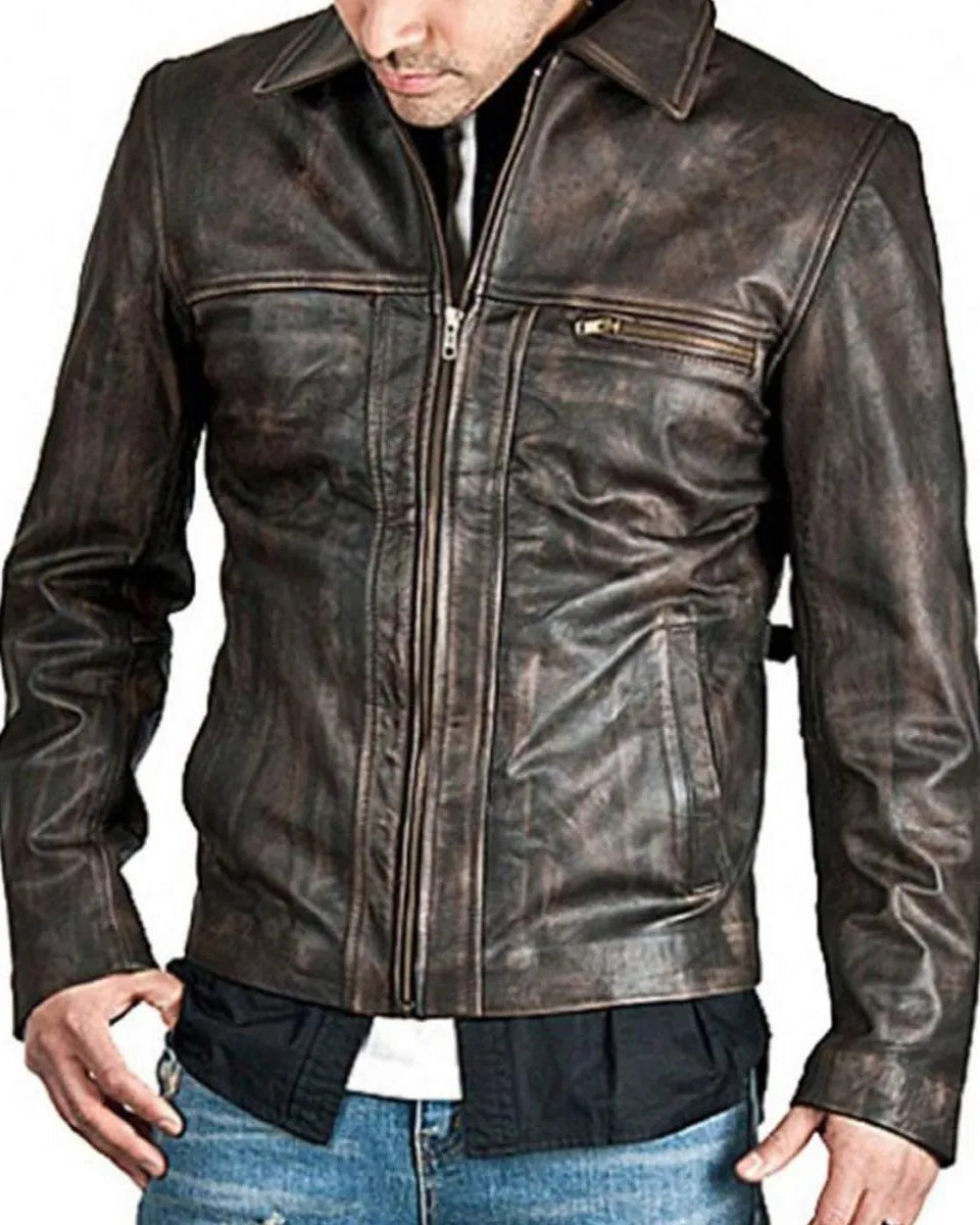 Men’s Zip Up Shirt Collar Brown Distressed Leather Jacket